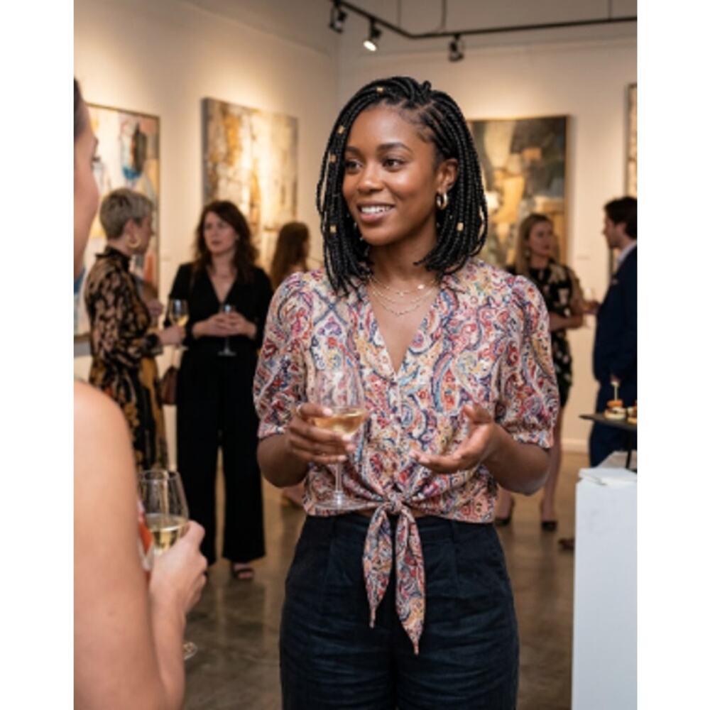 Haver London Patterned Tie Front Blouse Short Sleeve Effortless Chic Size Medium